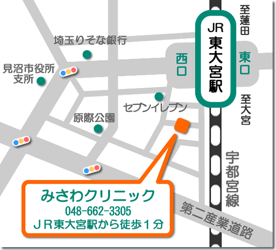 アクセス 内科 外科 胃腸科 肛門科 皮膚科 みさわクリニック 経鼻内視鏡 ピアス プラセンタ Aga Ed治療